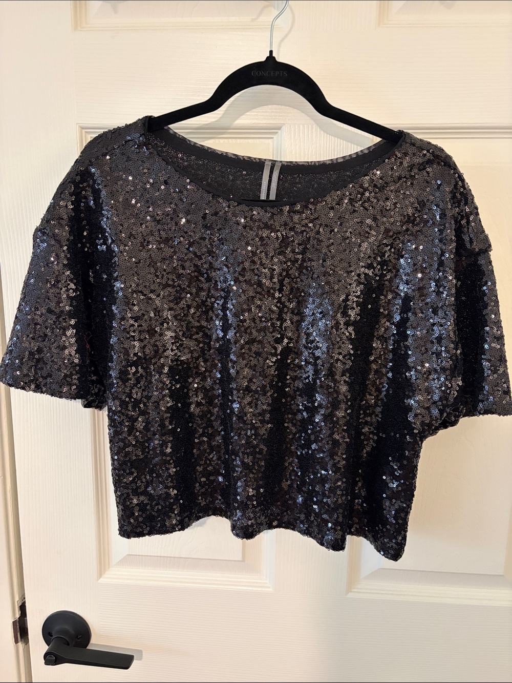 Anthropologie Sequin Short Sleeve Crop Top - Black